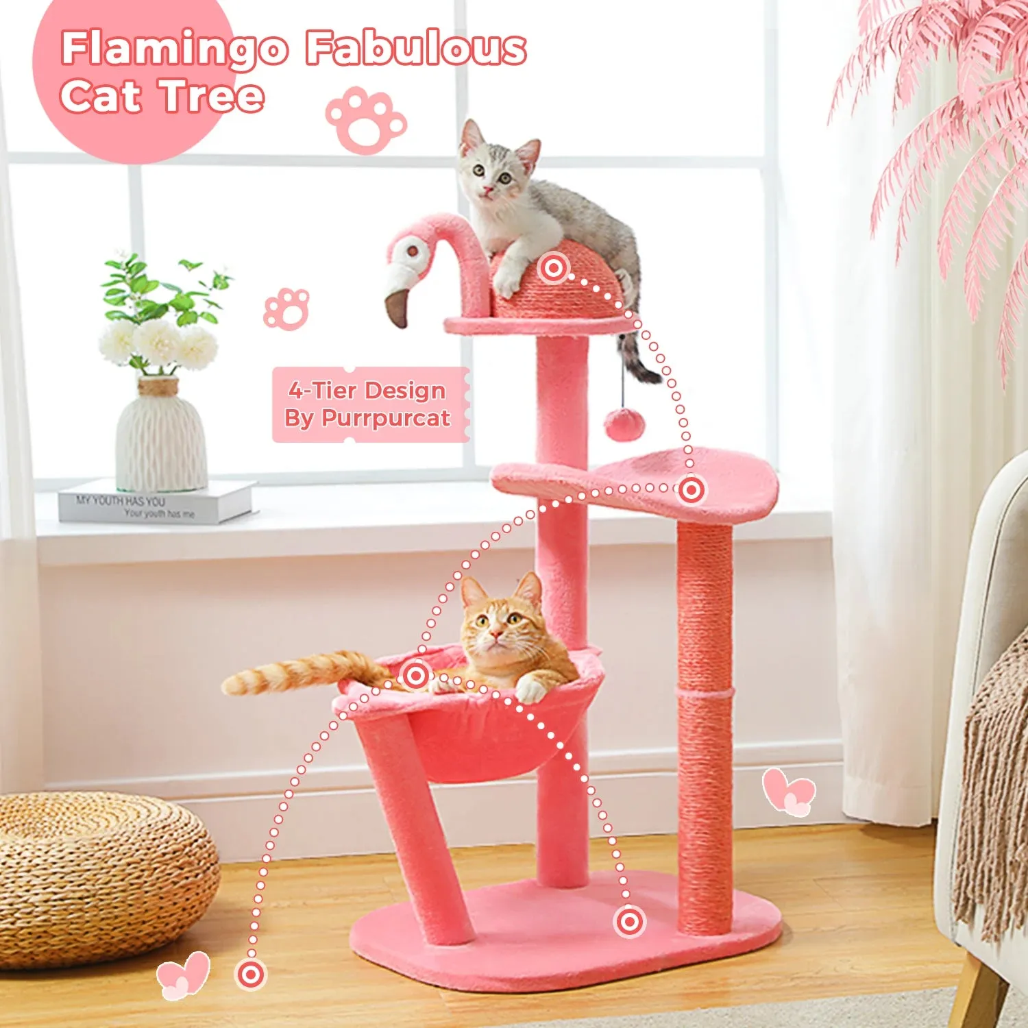 Charming Pink Flamingo Multi-Level Cat Tree with Hammock & Scratching Posts