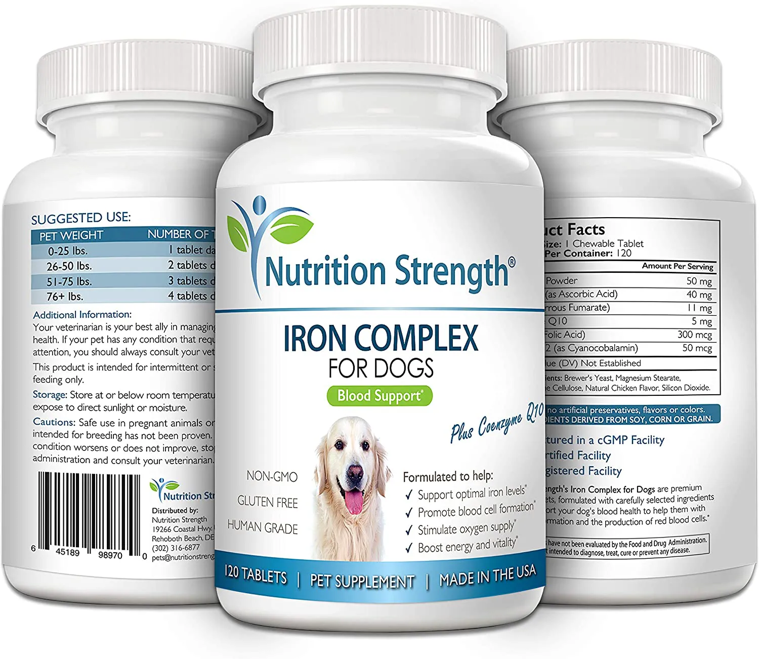 Nutrition Strength Iron for Dogs to Support Blood Health, Promote Blood Cell Formation & Oxygen Supply, Iron Supplement for Anemic Dogs with Vitamin C, Folate & Vitamin B12, 120 Chewable Tablets