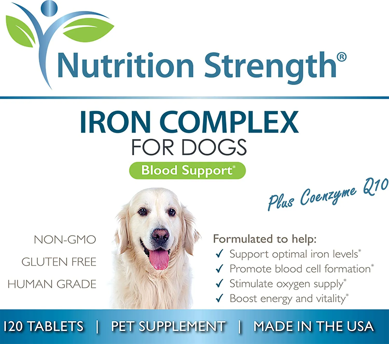 Nutrition Strength Iron for Dogs to Support Blood Health, Promote Blood Cell Formation & Oxygen Supply, Iron Supplement for Anemic Dogs with Vitamin C, Folate & Vitamin B12, 120 Chewable Tablets