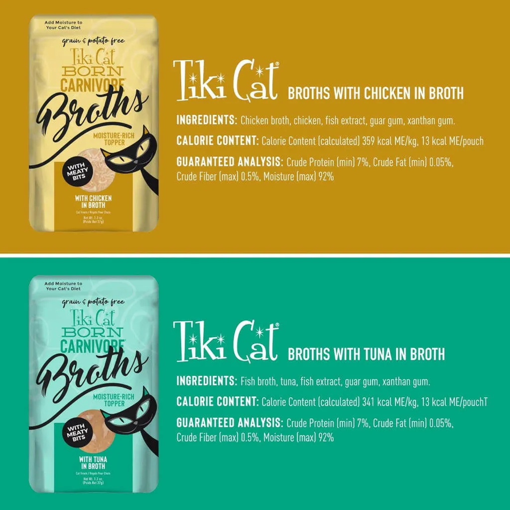 Tiki Cat Born Carnivore Broths in Broth with Meaty Bits Wet Food Topper For Cats Variety Pack (1.3 oz x 24 Pouch)