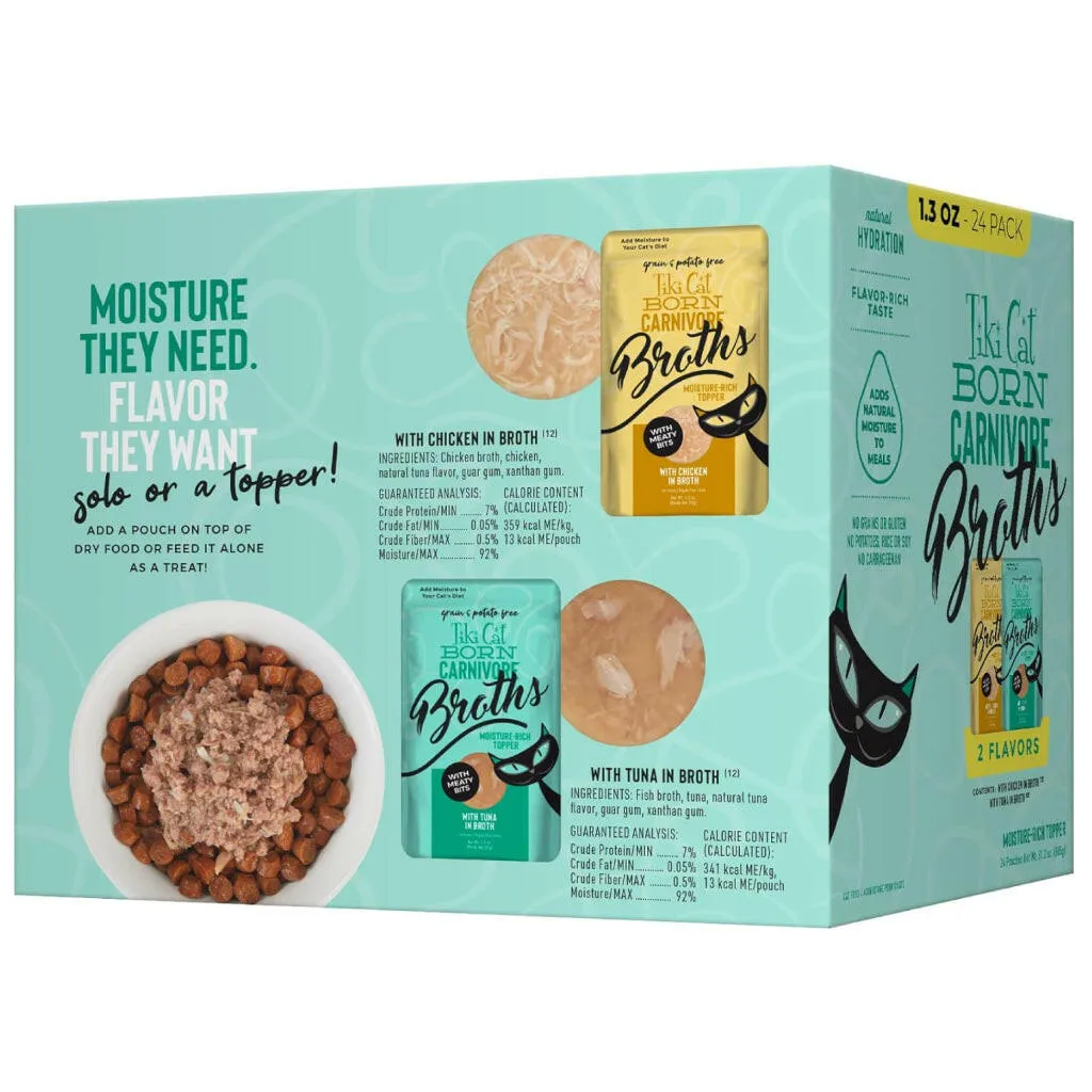 Tiki Cat Born Carnivore Broths in Broth with Meaty Bits Wet Food Topper For Cats Variety Pack (1.3 oz x 24 Pouch)